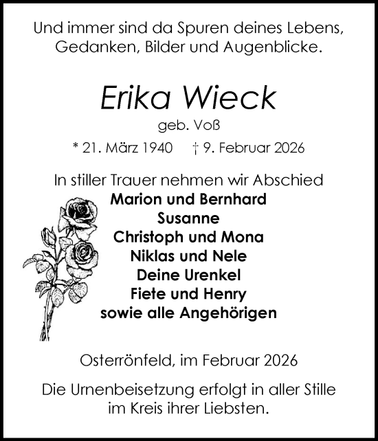 Traueranzeige von Erika Wieck von Schleswig-Holsteinische Landeszeitung