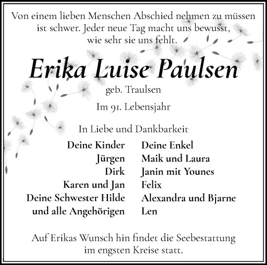 Traueranzeige von Erika Luise Paulsen von Flensburger Tageblatt