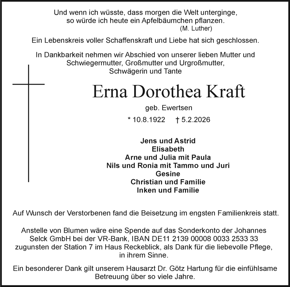  Traueranzeige für Erna Dorothea Kraft vom 14.02.2026 aus Holsteinischer Courier