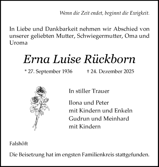 Traueranzeige von Erna Luise Rückborn von Flensburger Tageblatt