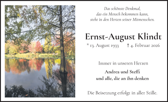 Traueranzeige von Ernst-August Klindt von Wedel-Schulauer Tageblatt, tip Wedel-Schulauer Tageblatt, tip Rissener Rundschau