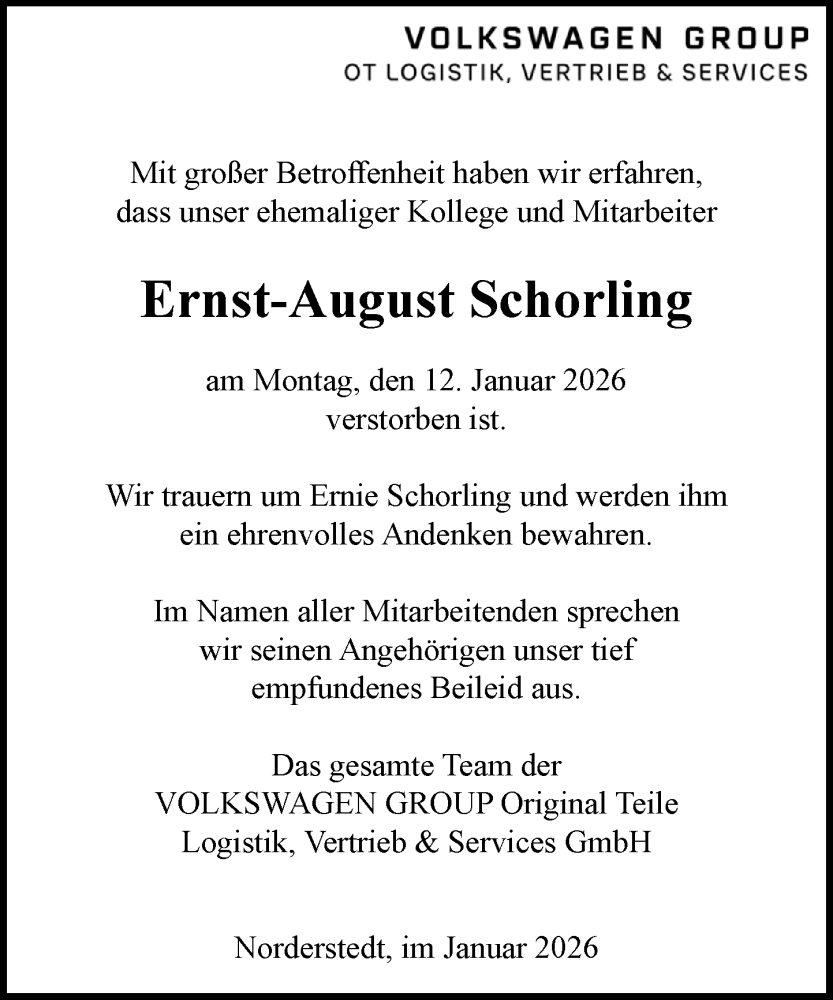  Traueranzeige für Ernst-August Schorling vom 24.01.2026 aus Heimatspiegel