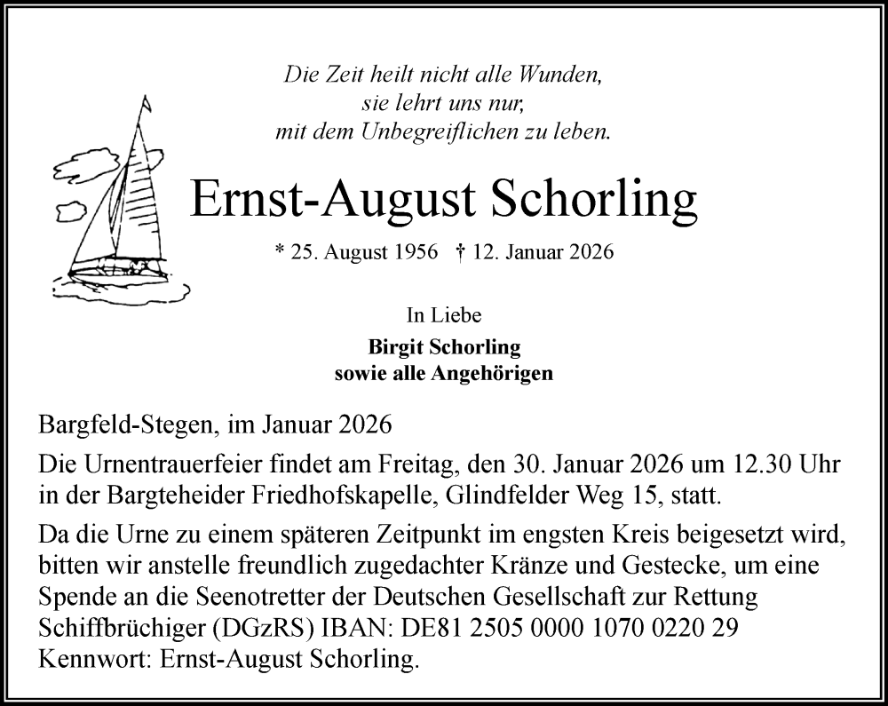  Traueranzeige für Ernst-August Schorling vom 24.01.2026 aus MARKT Ahrensburg/Bargteheide/Trittau und Stormarner Tageblatt