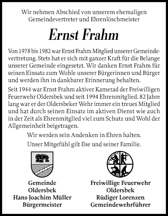 Traueranzeige von Ernst Frahm von Husumer Nachrichten, Nordfriesland Tageblatt
