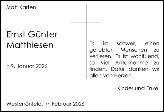 Traueranzeige von Ernst Günter Matthiesen von Schleswig-Holsteinische Landeszeitung