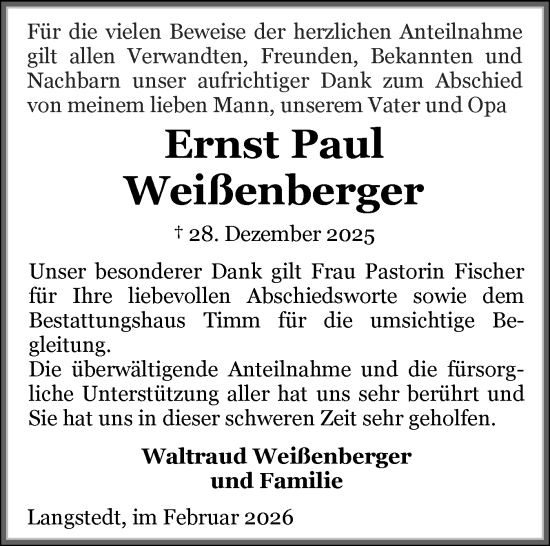 Traueranzeige von Ernst Paul Weißenberger von Flensburger Tageblatt