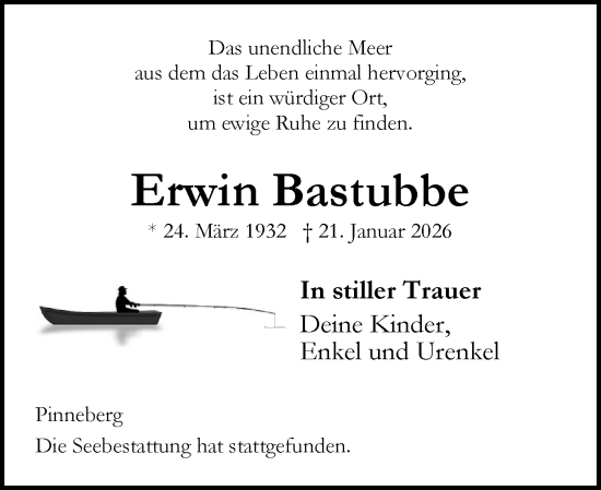 Traueranzeige von Erwin Bastubbe von Region Pinneberg und tip Pinneberg