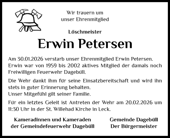 Traueranzeige von Erwin Petersen von Husumer Nachrichten, Nordfriesland Tageblatt