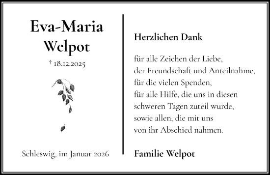 Traueranzeige von Eva-Maria Welpot von Schleswiger Nachrichten, Schlei-Bote