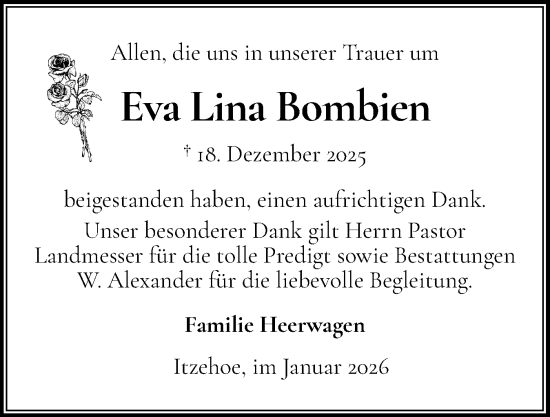 Traueranzeige von Eva Lina Bombien von Norddeutsche Rundschau, Wilstersche Zeitung, Glückstädter Fortuna