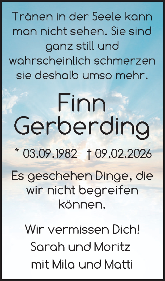 Traueranzeige von Finn Gerberding von Schleswig-Holsteinische Landeszeitung