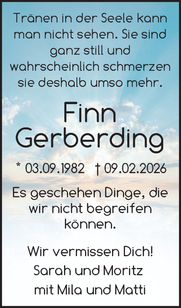  Traueranzeige für Finn Gerberding vom 14.02.2026 aus Schleswig-Holsteinische Landeszeitung