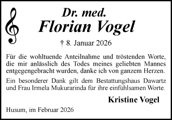 Traueranzeige von Florian Vogel von Husumer Nachrichten, Nordfriesland Tageblatt