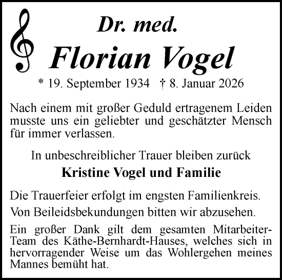 Traueranzeige von Florian Vogel von Husumer Nachrichten, Nordfriesland Tageblatt
