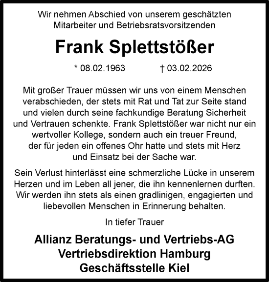 Traueranzeige von Frank Splettstößer von Ostholsteiner Anzeiger