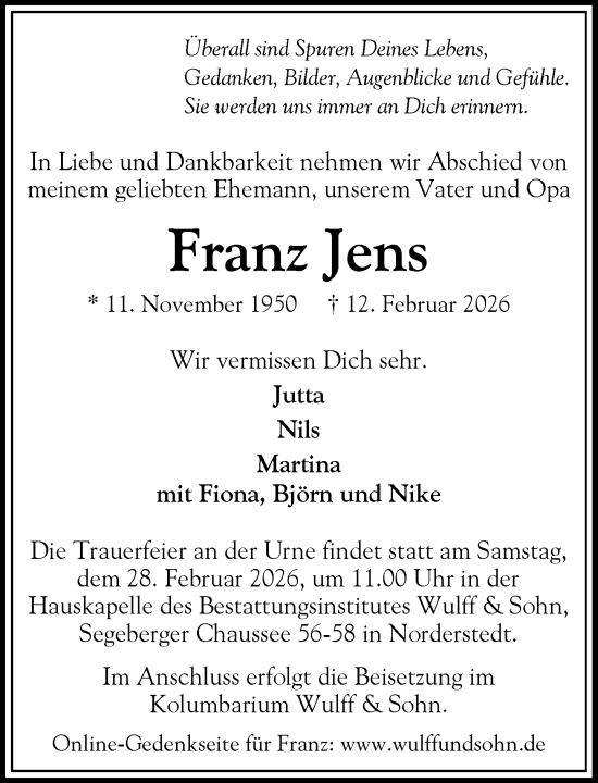 Traueranzeige von Franz Jens von Heimatspiegel