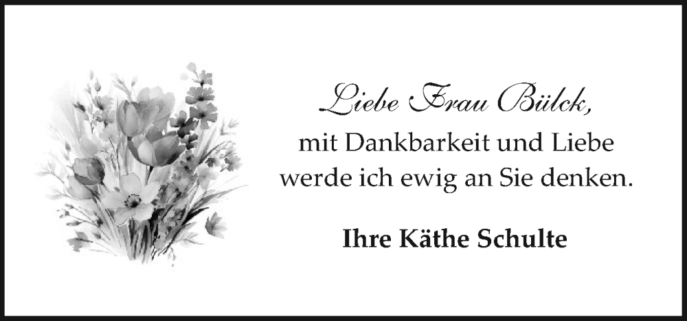  Traueranzeige für Frau Bülck  vom 14.02.2026 aus Sylter Rundschau