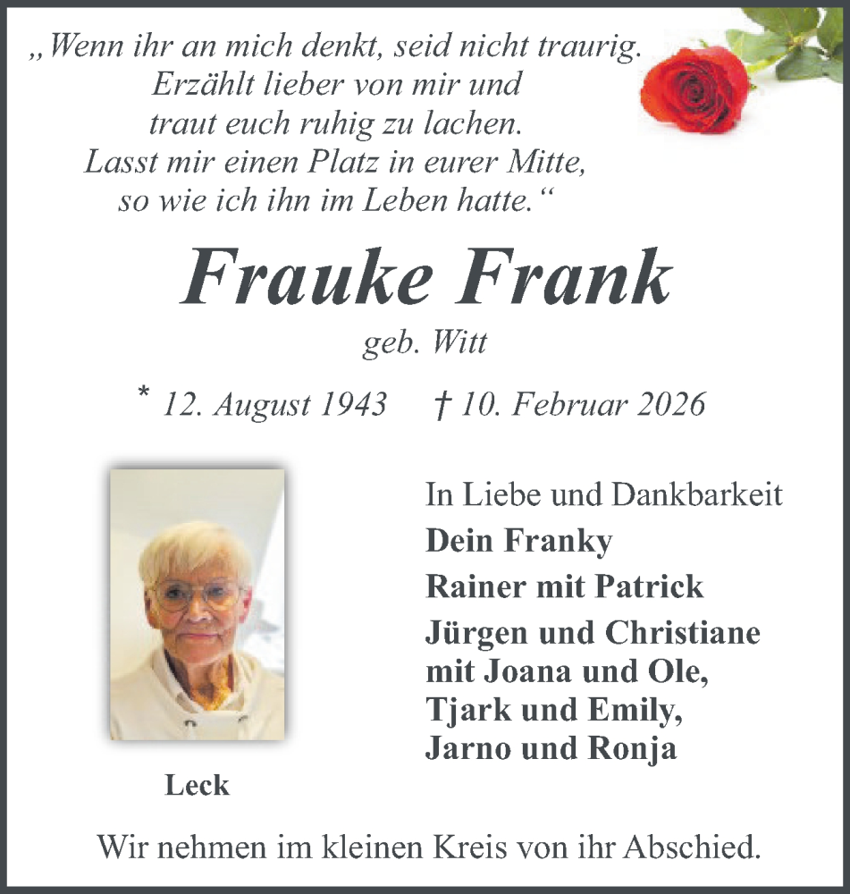  Traueranzeige für Frauke Frank vom 21.02.2026 aus Husumer Nachrichten, Nordfriesland Tageblatt