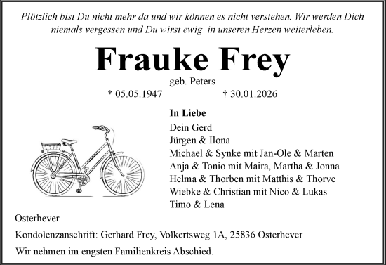 Traueranzeige von Frauke Frey von Husumer Nachrichten, Nordfriesland Tageblatt