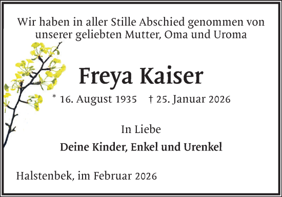 Traueranzeige von Freya Kaiser von Region Pinneberg und tip Pinneberg