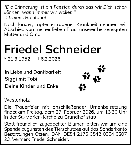 Traueranzeige von Friedel Schneider von Flensburger Tageblatt