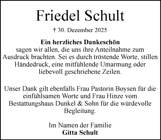 Traueranzeige von Friedel Schult von MARKT Ratzeburg/Mölln