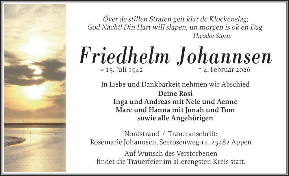 Traueranzeige für Friedhelm Johannsen vom 07.02.2026 aus Husumer Nachrichten, Nordfriesland Tageblatt