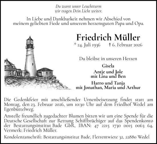 Traueranzeige von Friedrich Müller von Wedel-Schulauer Tageblatt, tip Wedel-Schulauer Tageblatt, tip Rissener Rundschau