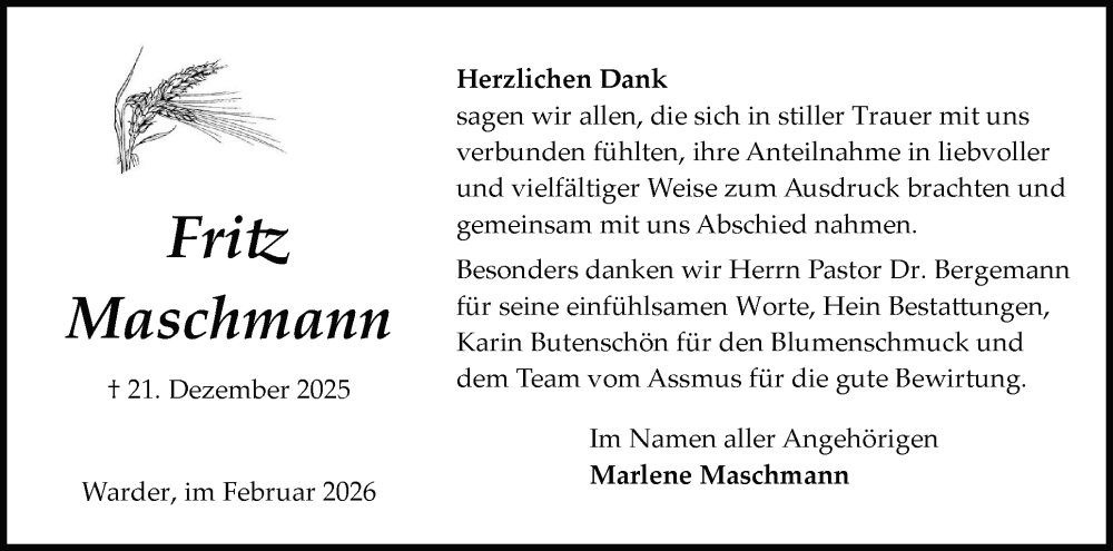  Traueranzeige für Fritz Maschmann vom 07.02.2026 aus Schleswig-Holsteinische Landeszeitung