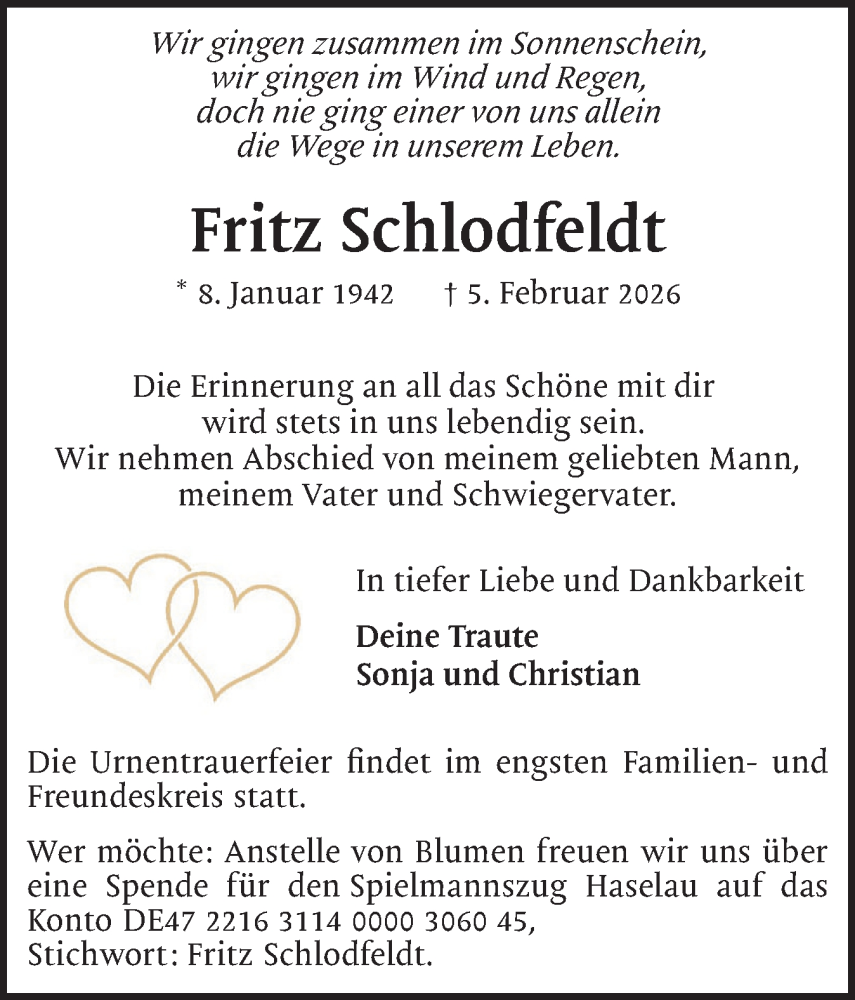  Traueranzeige für Fritz Schlodfeldt vom 14.02.2026 aus Uetersener Nachrichten, Der tip am Wochenende