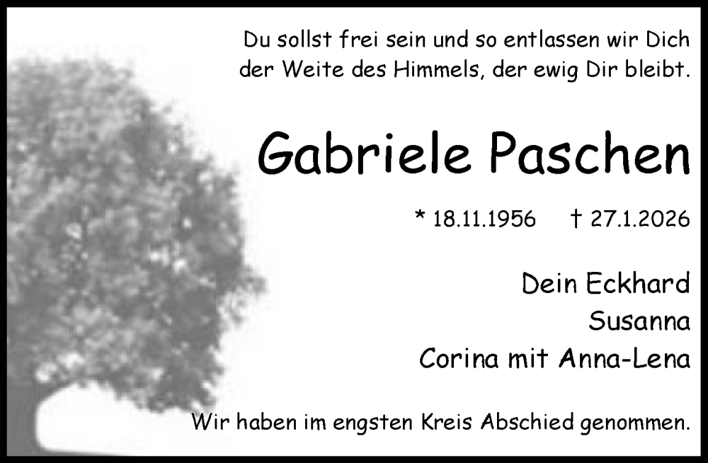  Traueranzeige für Gabriele Paschen vom 07.02.2026 aus MARKT Ratzeburg/Mölln