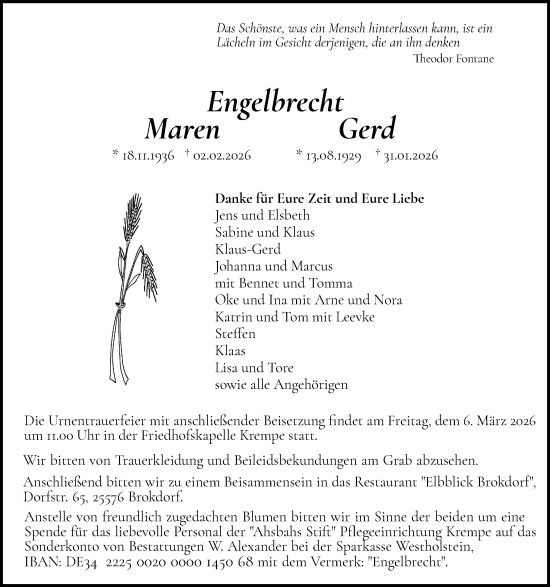 Traueranzeige von Gerd Engelbrecht von Norddeutsche Rundschau, Wilstersche Zeitung, Glückstädter Fortuna