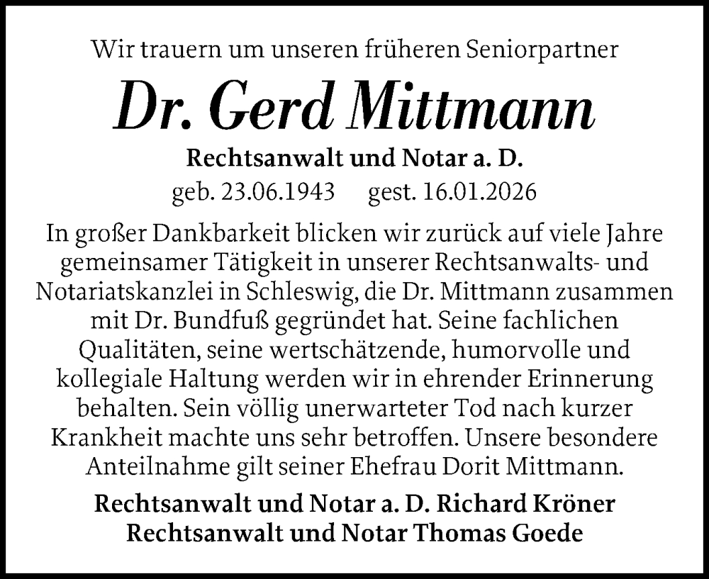 Traueranzeige für Gerd Mittmann vom 24.01.2026 aus Flensburger Tageblatt, Schleswiger Nachrichten, Schlei-Bote