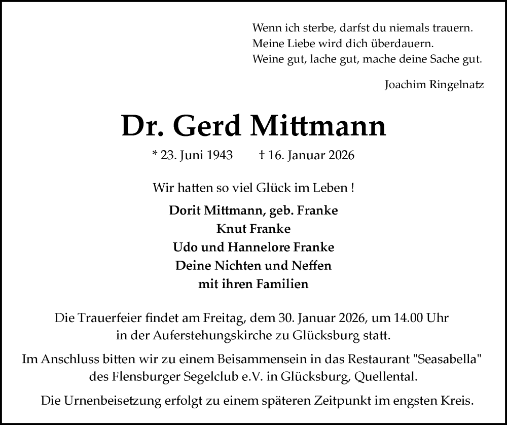  Traueranzeige für Gerd Mittmann vom 24.01.2026 aus Flensburger Tageblatt, Schleswiger Nachrichten, Schlei-Bote