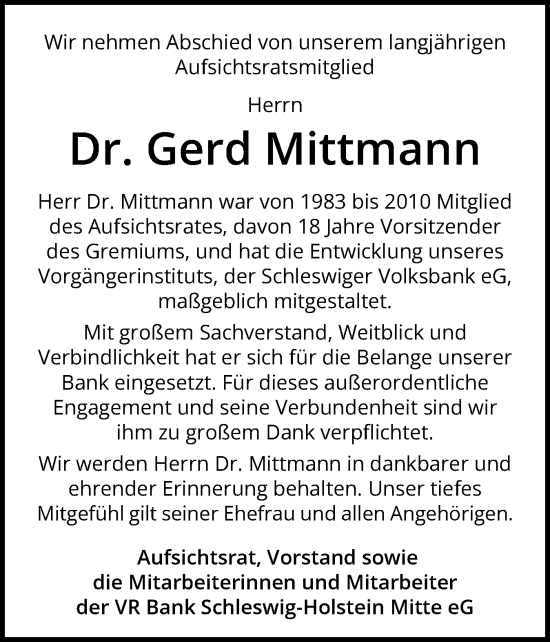 Traueranzeige von Gerd Mittmann von Flensburger Tageblatt, Schleswiger Nachrichten, Schlei-Bote