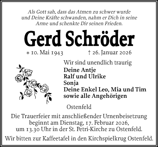 Traueranzeige von Gerd Schröder von Husumer Nachrichten, Nordfriesland Tageblatt