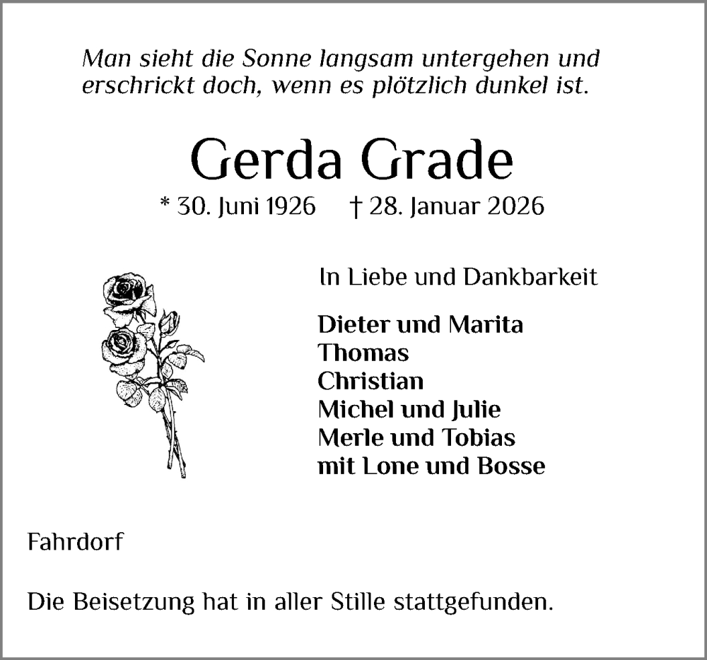  Traueranzeige für Gerda Grade vom 07.02.2026 aus Schleswiger Nachrichten, Schlei-Bote