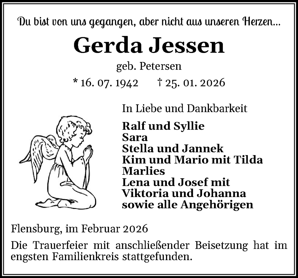  Traueranzeige für Gerda Jessen vom 14.02.2026 aus Flensburger Tageblatt