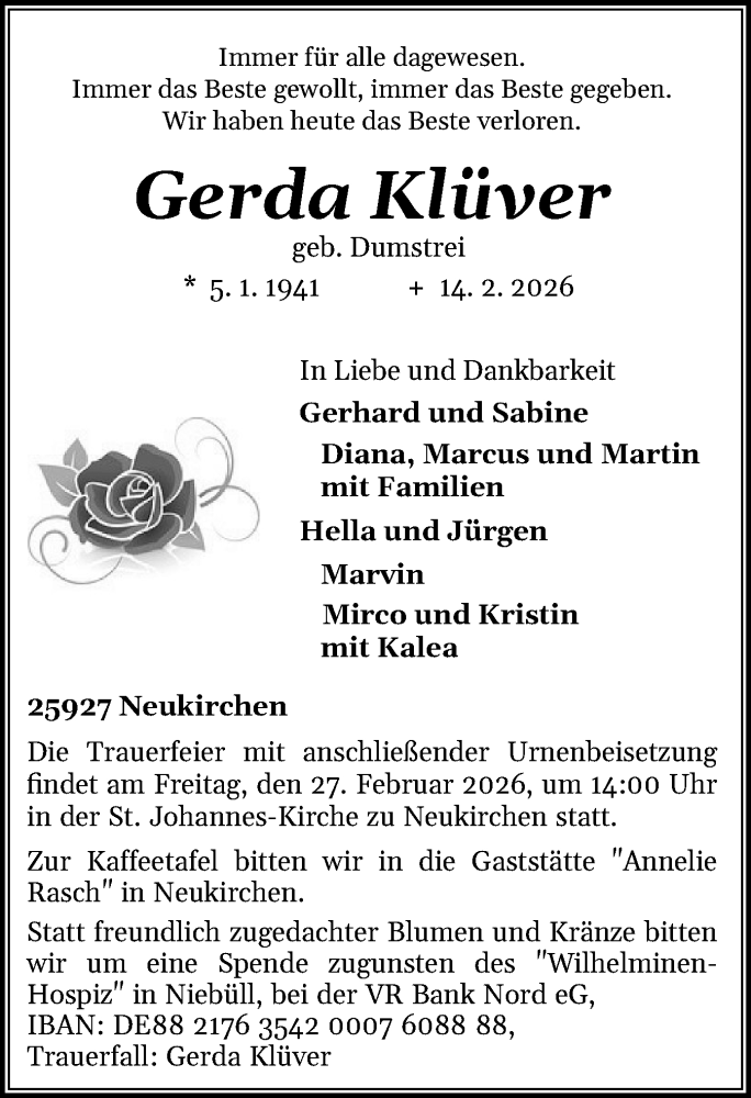  Traueranzeige für Gerda Klüver vom 18.02.2026 aus Husumer Nachrichten, Nordfriesland Tageblatt