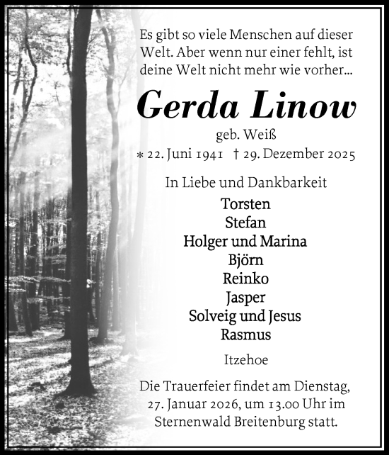 Traueranzeige von Gerda Linow von Norddeutsche Rundschau, Wilstersche Zeitung, Glückstädter Fortuna