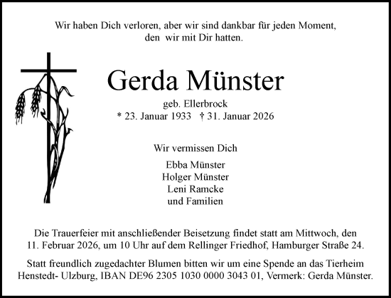 Traueranzeige von Gerda Münster von Region Pinneberg und tip Pinneberg