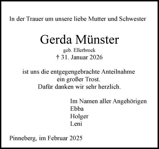 Traueranzeige von Gerda Münster von Region Pinneberg und tip Pinneberg