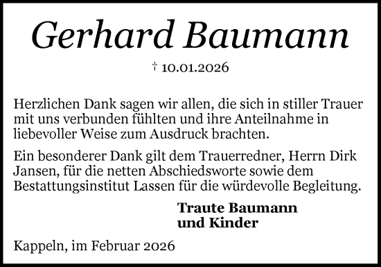 Traueranzeige von Gerhard Baumann von Schleswiger Nachrichten, Schlei-Bote