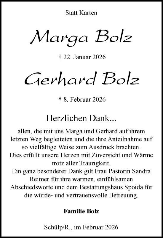 Traueranzeige von Gerhard Bolz von Schleswig-Holsteinische Landeszeitung