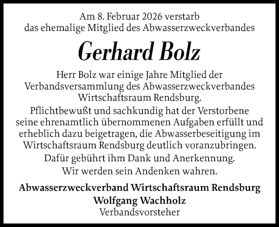 Traueranzeige von Gerhard Bolz von Schleswig-Holsteinische Landeszeitung