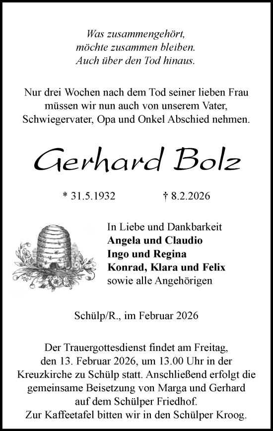 Traueranzeige von Gerhard Bolz von Schleswig-Holsteinische Landeszeitung