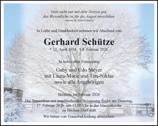 Traueranzeige von Gerhard Schütze von Wochenend Anzeiger