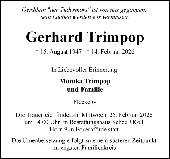Traueranzeige von Gerhard Trimpop von Eckernförder Zeitung, Hallo Eckernförde