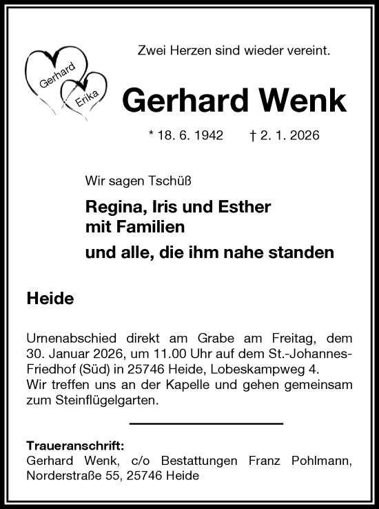 Traueranzeige von Gerhard Wenk von Husumer Nachrichten, Nordfriesland Tageblatt