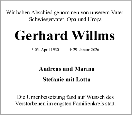 Traueranzeige von Gerhard Willms von MARKT Ratzeburg/Mölln